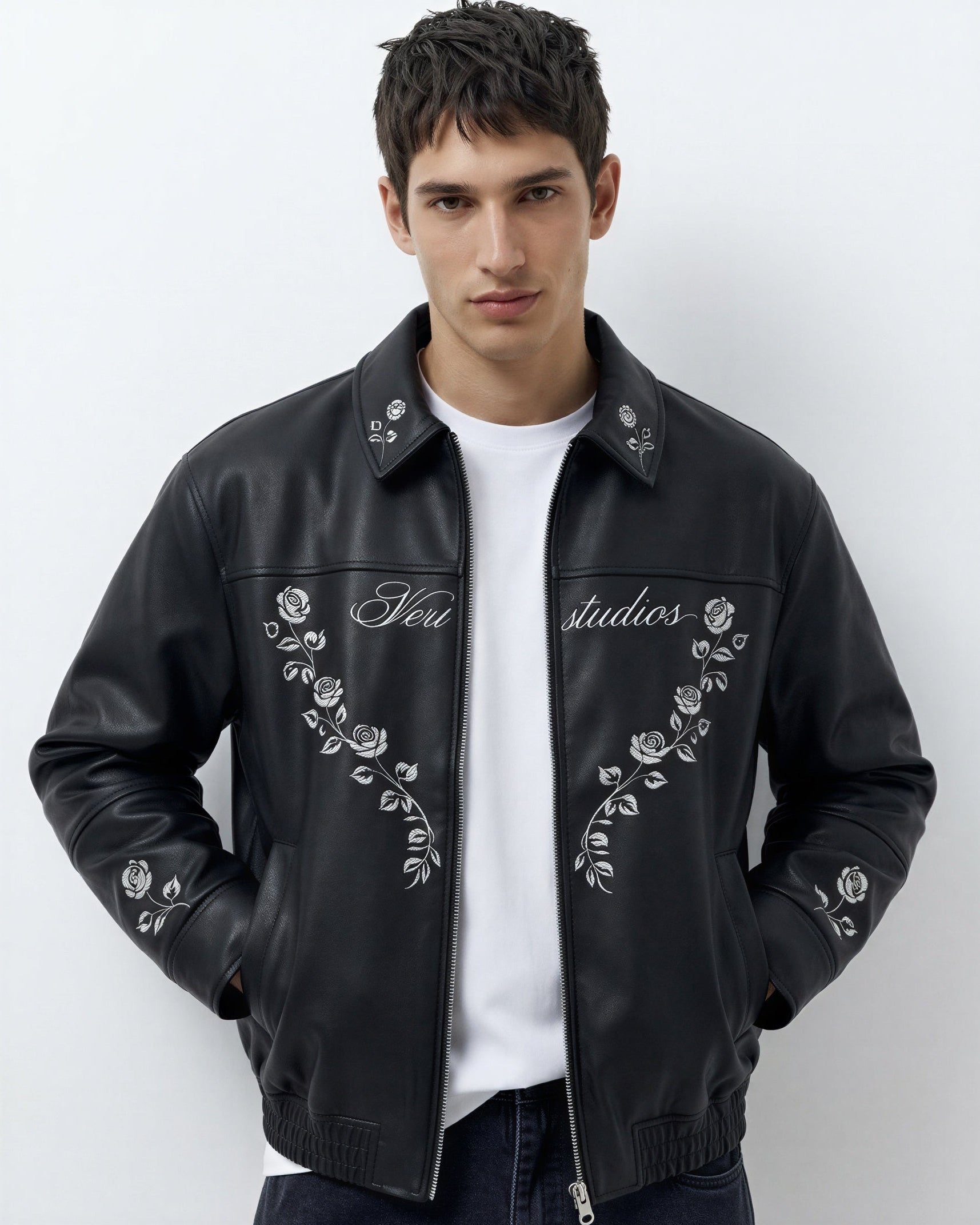 Rose Embroidered Leather Jacket